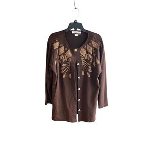 Diana Marco brown tan speckle design vintage Cotton Polyester cardigan Sz 18